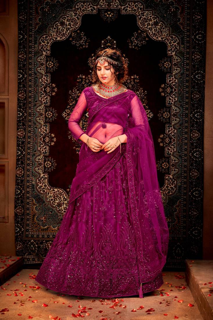 Navy Blue Net Embroidered Semi Stitched Lehenga