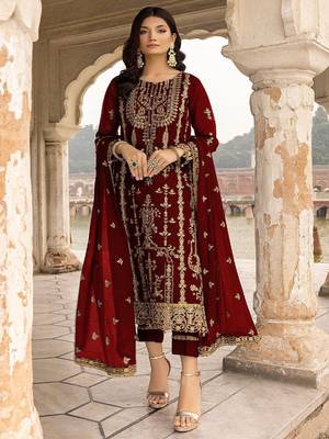 Maroon Colour Embroidered Georgette Fabric Semi Stiched Festive Salwaar Kameez 1