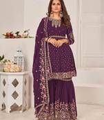 Amazing Looking Sharara Suit In Wine Colour Georgette Fabric With Designer Embroidery Work