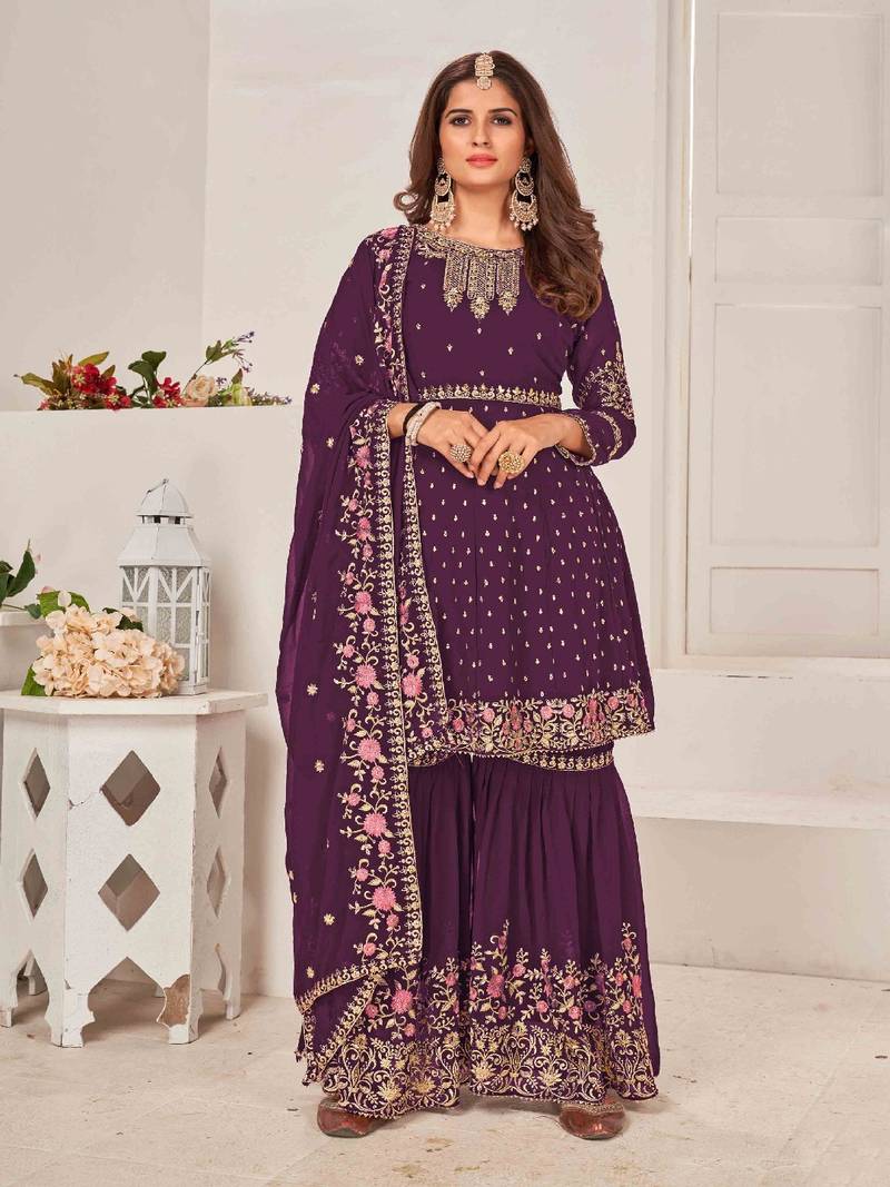 Amazing Looking Sharara Suit In Wine Colour Georgette Fabric With Designer Embroidery Work