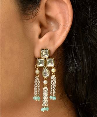 Silver Color Drop Chain & Kundan Earrings 1