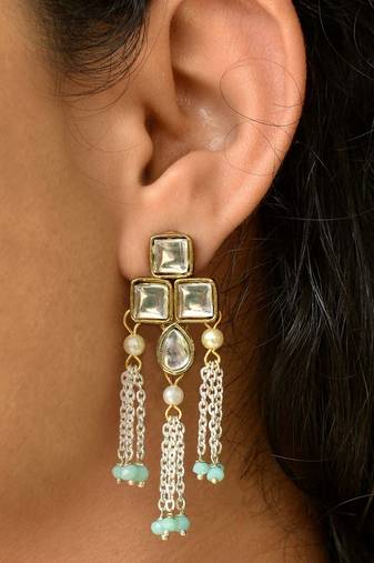 Silver Color Drop Chain & Kundan Earrings