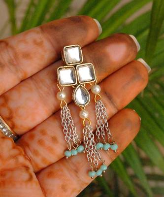 Silver Color Drop Chain & Kundan Earrings 2