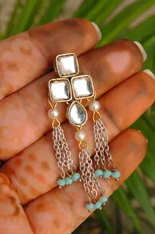 Silver Color Drop Chain & Kundan Earrings