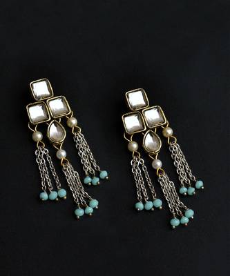 Silver Color Drop Chain & Kundan Earrings 3