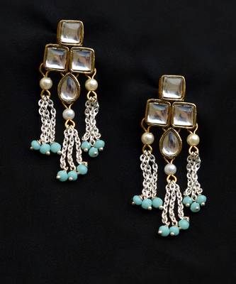 Silver Color Drop Chain & Kundan Earrings 4