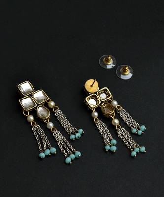 Silver Color Drop Chain & Kundan Earrings 5
