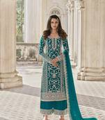 Aqua Blue Color Net Fabric Salwar Suit In Net Fabric With Embroidery As