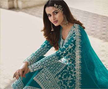 Aqua Blue Color Net Fabric Salwar Suit In Net Fabric With Embroidery As 2