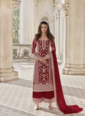 Dark Red Color Net Fabric Salwar Suit In Net Fabric With Embroidery As 1