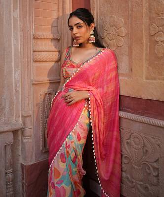 Pink Printed Saree Set 3