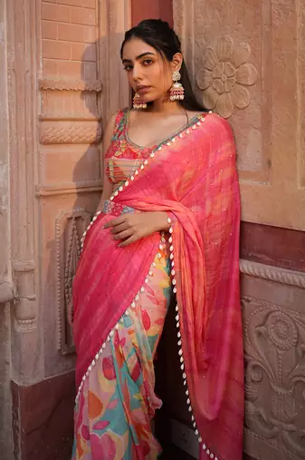 Pink Printed Saree Set