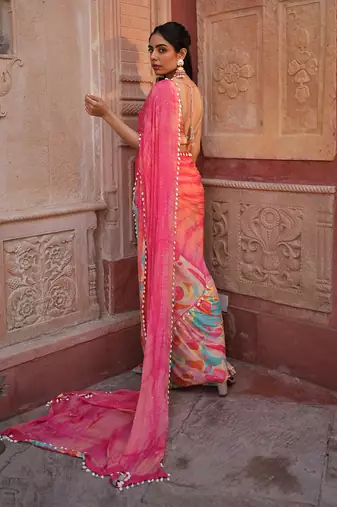 Pink Printed Saree Set