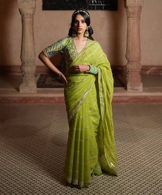 Organza Saree & Blouse With Gota Patti Work & Patch Work. Draped Skirt Inner Included. 1