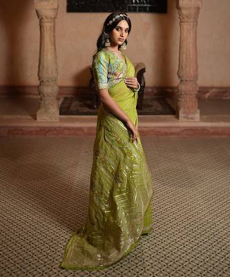 Organza Saree & Blouse With Gota Patti Work & Patch Work. Draped Skirt Inner Included. 2