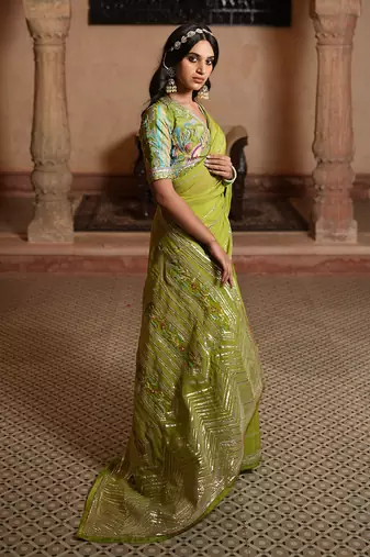 Organza Saree & Blouse With Gota Patti Work & Patch Work. Draped Skirt Inner Included.