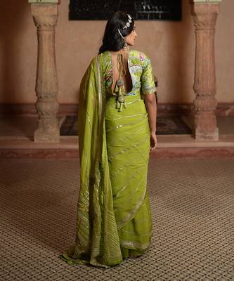 Organza Saree & Blouse With Gota Patti Work & Patch Work. Draped Skirt Inner Included. 3