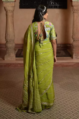 Organza Saree & Blouse With Gota Patti Work & Patch Work. Draped Skirt Inner Included.