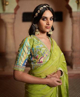 Organza Saree & Blouse With Gota Patti Work & Patch Work. Draped Skirt Inner Included. 4