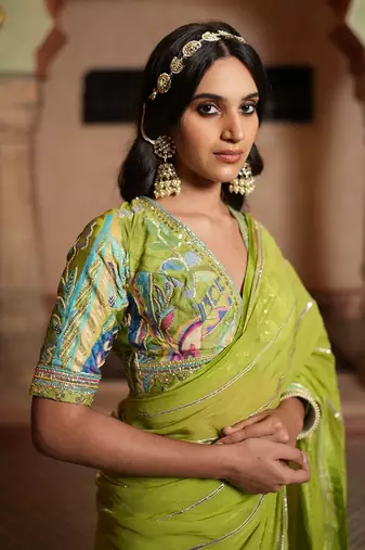 Organza Saree & Blouse With Gota Patti Work & Patch Work. Draped Skirt Inner Included.