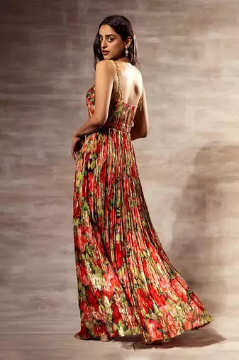Rose Hand Micro-pleated Metal strap dress