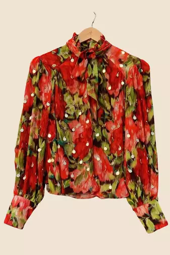 Ribbon bow shirt with golden drop shaped sequins