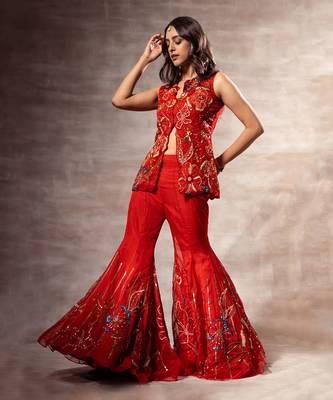 Red Floral Abstract Jacket & sharara set 1