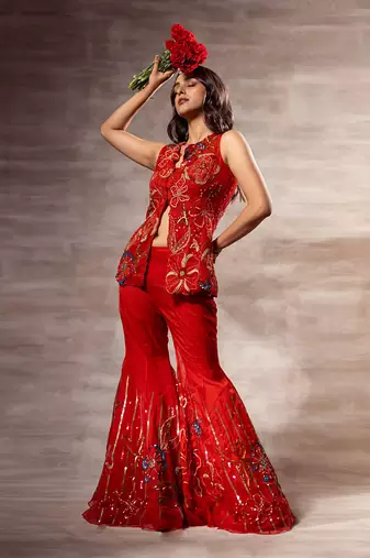 Red Floral Abstract Jacket & sharara set