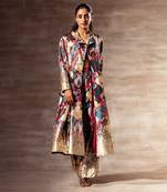 Ikat Raw silk Trench Coat and wooden buckle belt