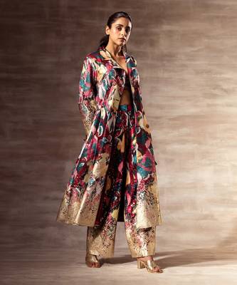 Ikat Raw silk Trench Coat and wooden buckle belt 2