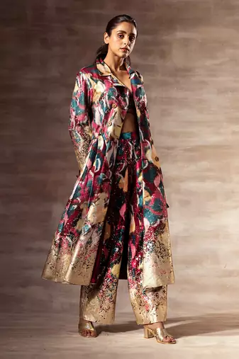 Ikat Raw silk Trench Coat and wooden buckle belt