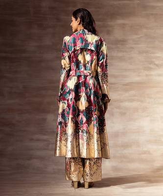 Ikat Raw silk Trench Coat and wooden buckle belt 3