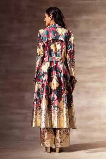 Ikat Raw silk Trench Coat and wooden buckle belt