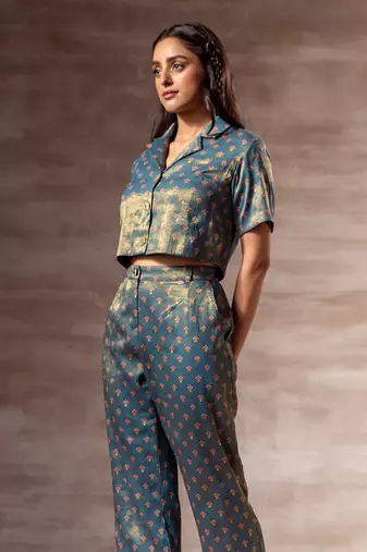 Teal Blue - Metallic Crop Shirt