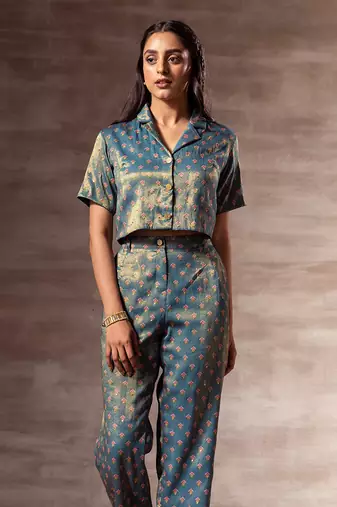 Teal Blue - Metallic Crop Shirt