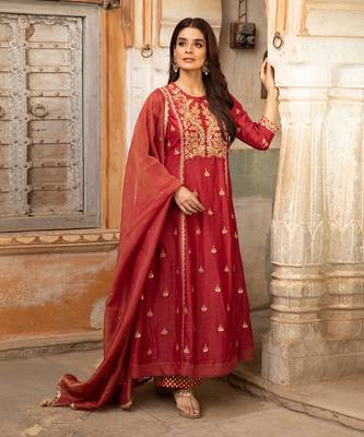 Gota Embroidered A-Line Kurta Paired With A Banarasi Palazzo And A Tissue Dupatta 1