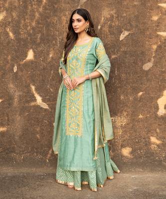 Gota Embroidered Long Kurta Paired With A Banarasi Skirt And Tissue Dupatta 1