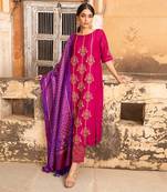 Hand Embroidered Kurta Paired With Striped Pants And Silk Patola Dupatta