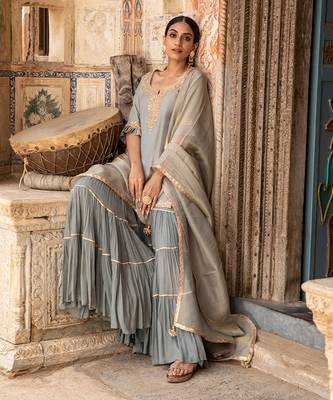 Hand Embroidered Short Kurta In Tissue Paired With A Tier Sharara And A Tissue Dupatta 1