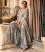 Hand Embroidered Short Kurta In Tissue Paired With A Tier Sharara And A Tissue Dupatta