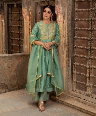 Gota Embroidered A-Line Kurta Paired With A Tissue Palazzo And A Tissue Dupatta 1