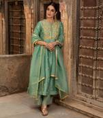 Gota Embroidered A-Line Kurta Paired With A Tissue Palazzo And A Tissue Dupatta