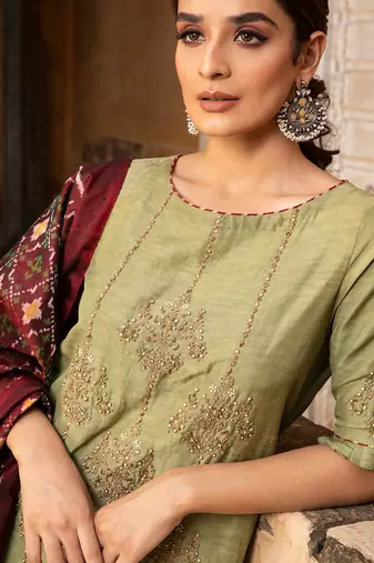 Hand Embroidered Kurta Paired With Striped Pants And Silk Patola Dupatta