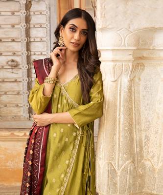 Banarasi Chanderi Hand Embroidered Angrakha Paired With A Silk Patola Dupatta 1