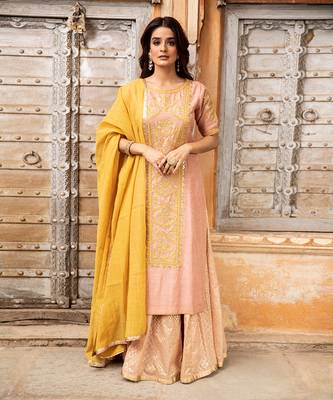 Gota Embroidered Long Kurta Paired With A Banarasi Skirt And Tissue Dupatta 1