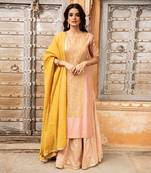 Gota Embroidered Long Kurta Paired With A Banarasi Skirt And Tissue Dupatta