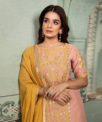 Gota Embroidered Long Kurta Paired With A Banarasi Skirt And Tissue Dupatta 2