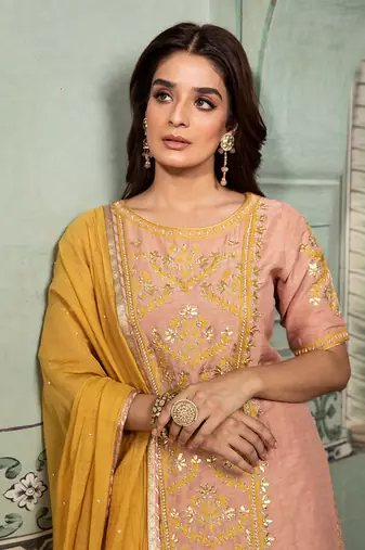 Gota Embroidered Long Kurta Paired With A Banarasi Skirt And Tissue Dupatta