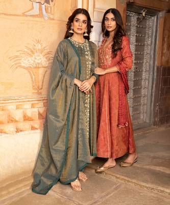 Tissue Chanderi Hand Embroidered Anarkali Paired With A Crushed Silk Dupatta And Churidaar 2