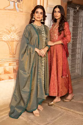 Tissue Chanderi Hand Embroidered Anarkali Paired With A Crushed Silk Dupatta And Churidaar
